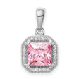 Sterling Silver Pendant with Square Cut Pink Cubic Zirconia and Clear Halo Stones