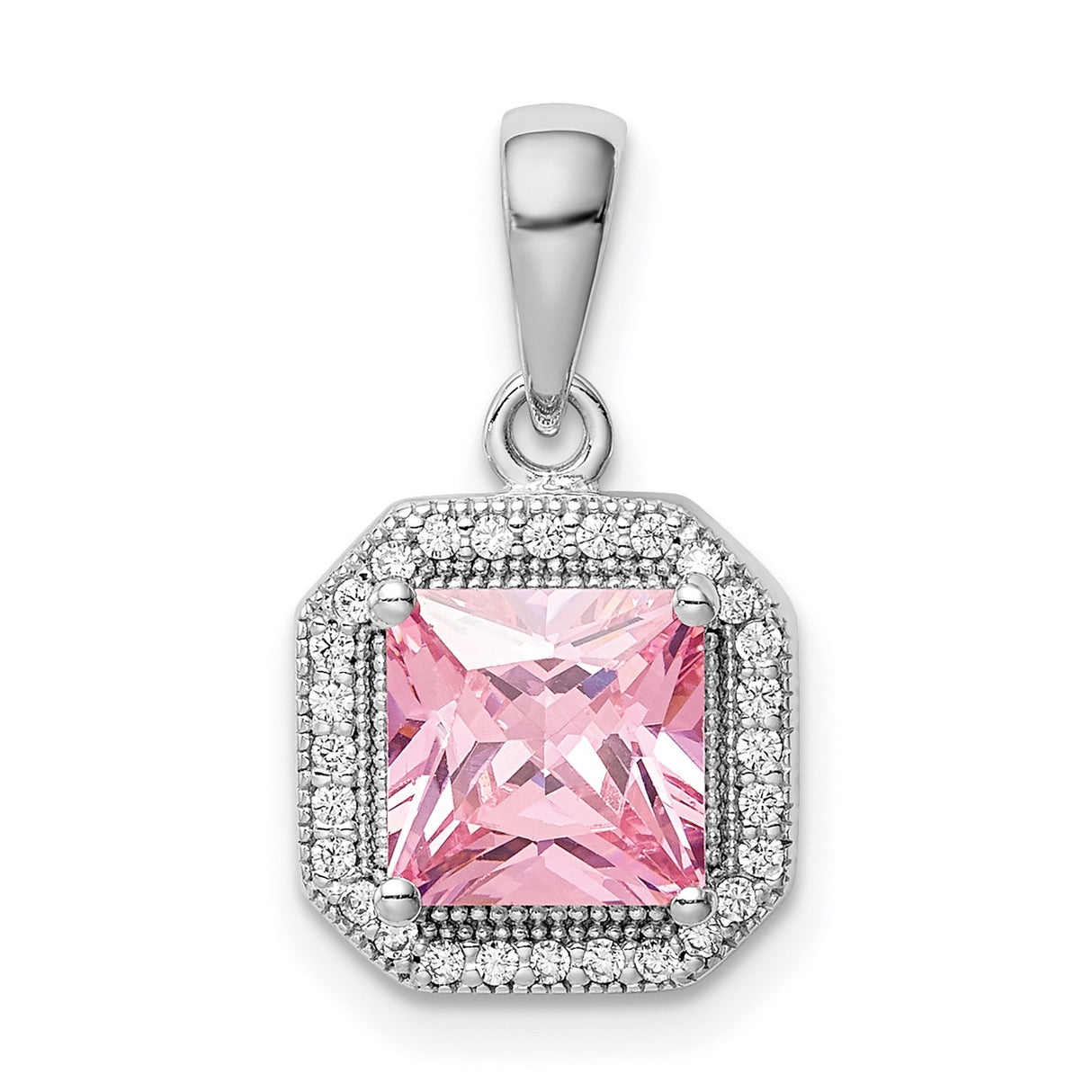 Sterling Silver Pendant with Square Cut Pink Cubic Zirconia and Clear Halo Stones