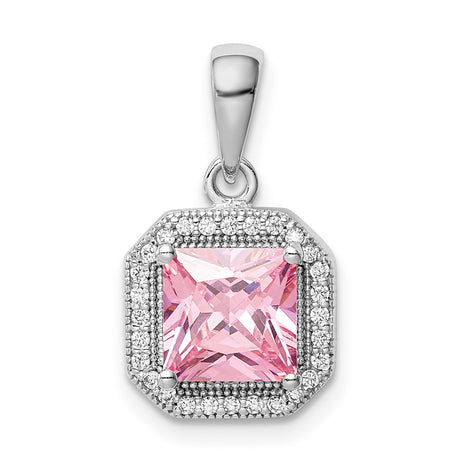 Sterling Silver Pendant with Square Cut Pink Cubic Zirconia and Clear Halo Stones
