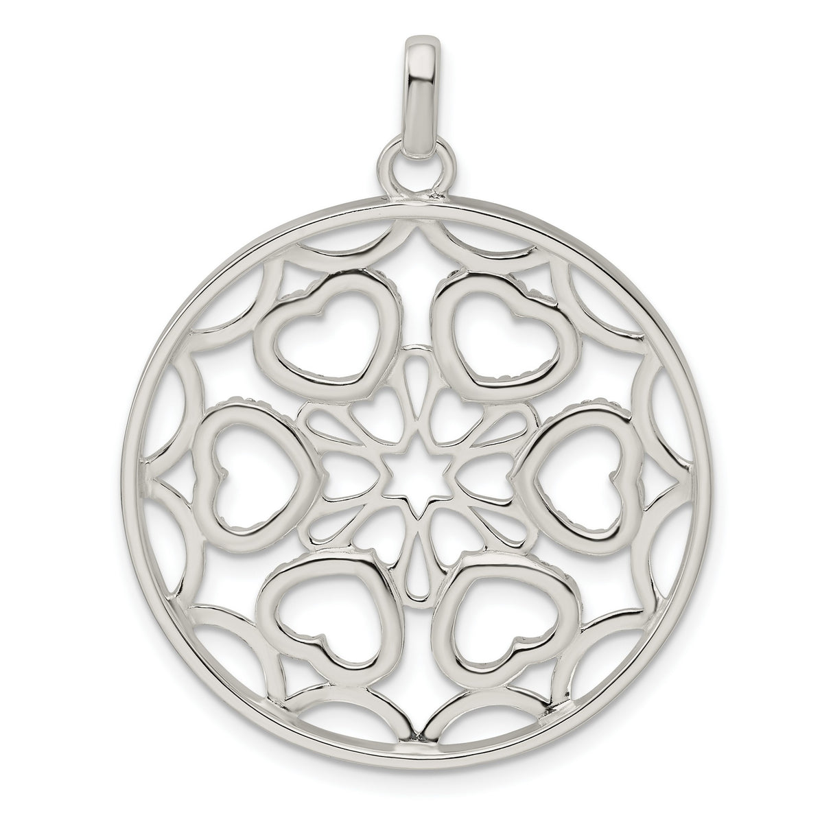 Sterling Silver Pendant with Cubic Zirconia, Circular Filigree and Heart Motifs, Star Design