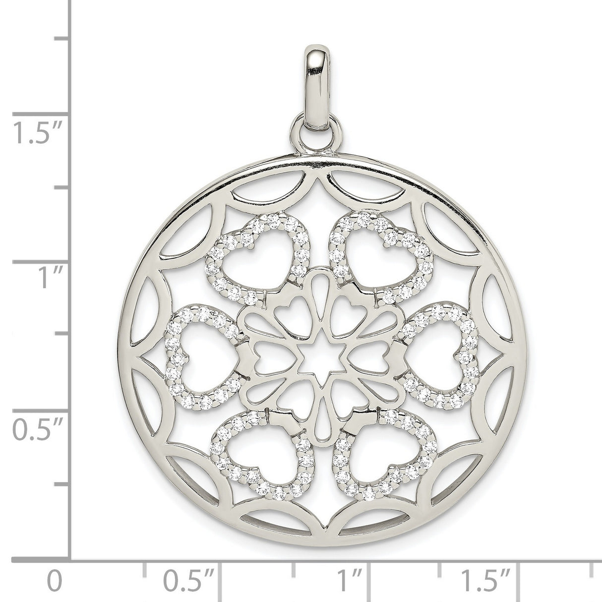 Sterling Silver Pendant with Cubic Zirconia, Circular Filigree and Heart Motifs, Star Design