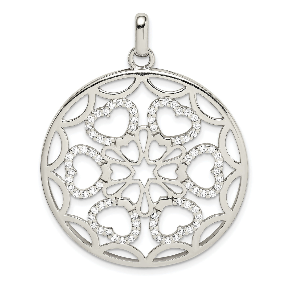 Sterling Silver Pendant with Cubic Zirconia, Circular Filigree and Heart Motifs, Star Design