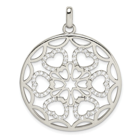 Sterling Silver Pendant with Cubic Zirconia, Circular Filigree and Heart Motifs, Star Design