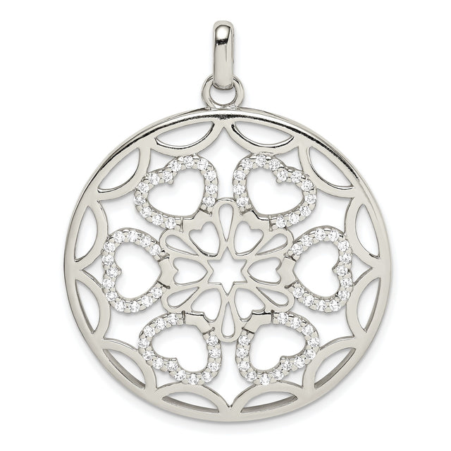 Sterling Silver Pendant with Cubic Zirconia, Circular Filigree and Heart Motifs, Star Design
