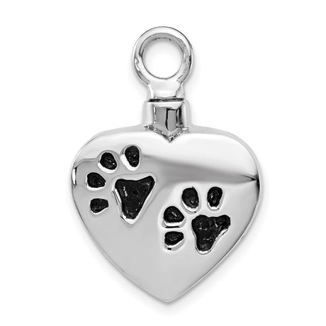 Sterling Silver Heart Pendant with Black Enamel Paw Print, Pet Memorial Charm for Women