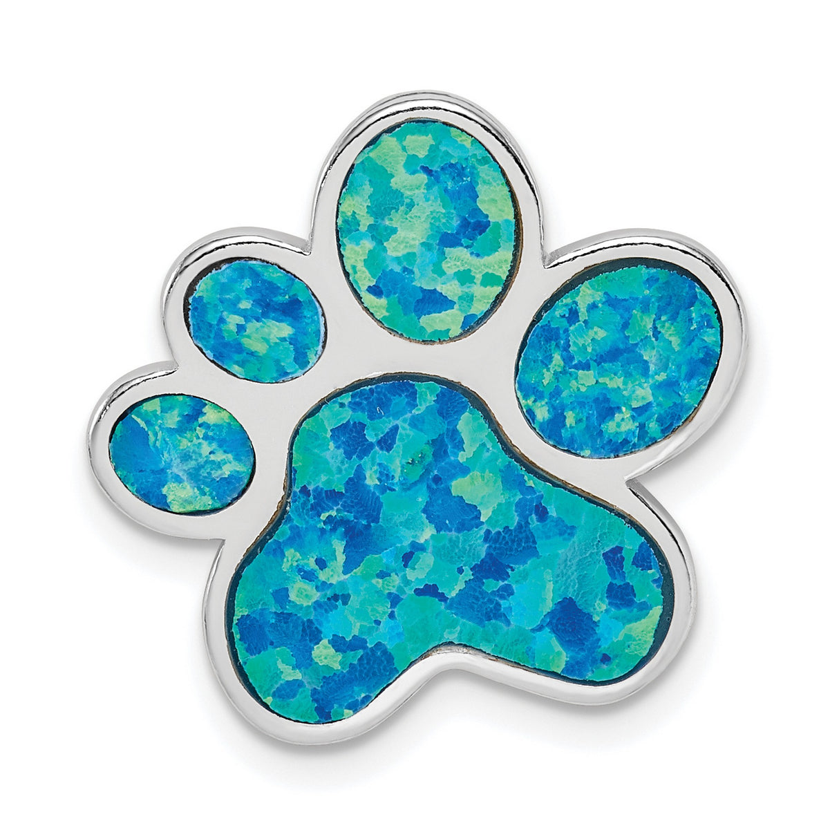 Sterling Silver Paw Print Pendant with Blue Green Simulated Opal, Pet Memorial Jewelry