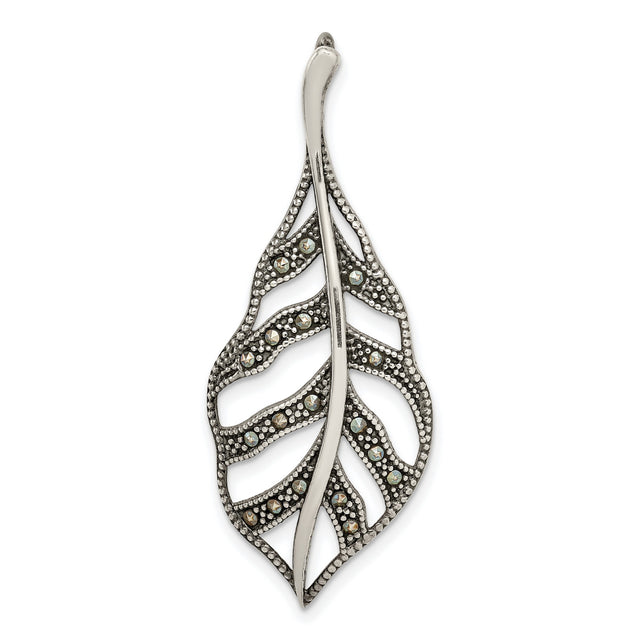 Sterling Silver Leaf Pendant with Marcasite Accents, Openwork Botanical Design