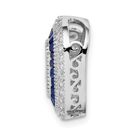 Sterling Silver Cocktail Ring with Emerald Cut Cubic Zirconia, Blue Baguette Halo, Crystal Accents