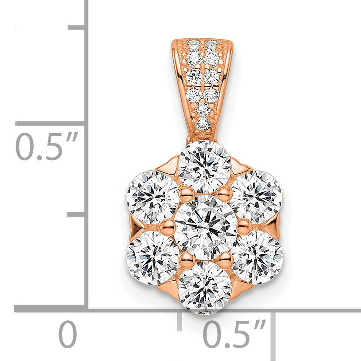 Sterling Silver Floral Pendant with Cubic Zirconia Cluster, Rose Gold Plated, Round Flower Design