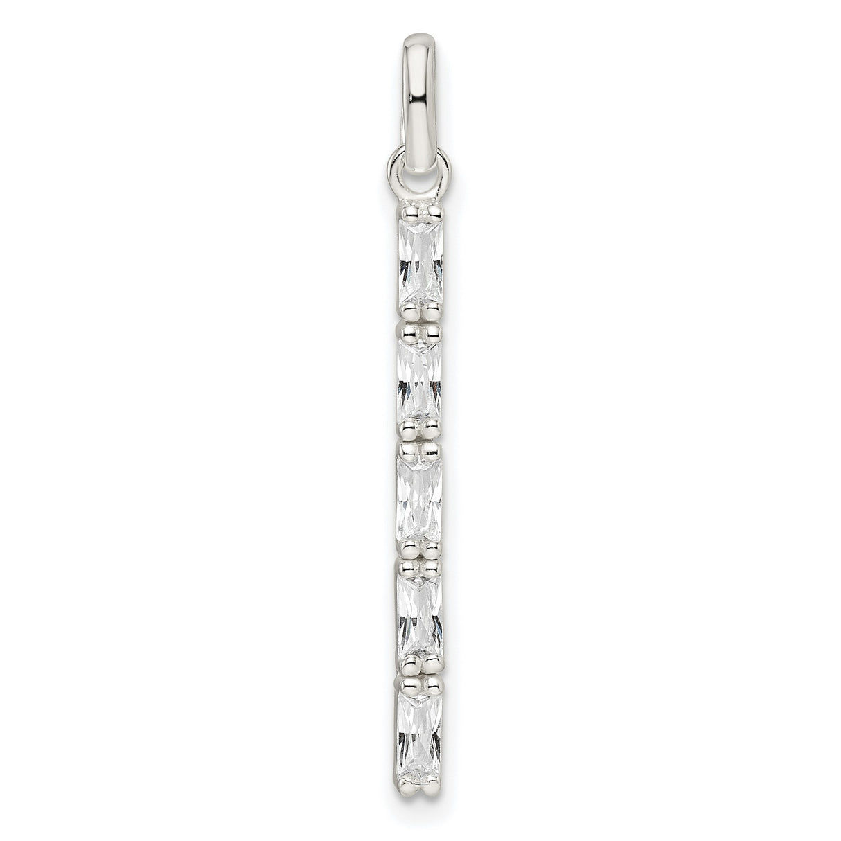 Sterling Silver Vertical Bar Pendant with Baguette Cut Cubic Zirconia, Minimalist Modern Style