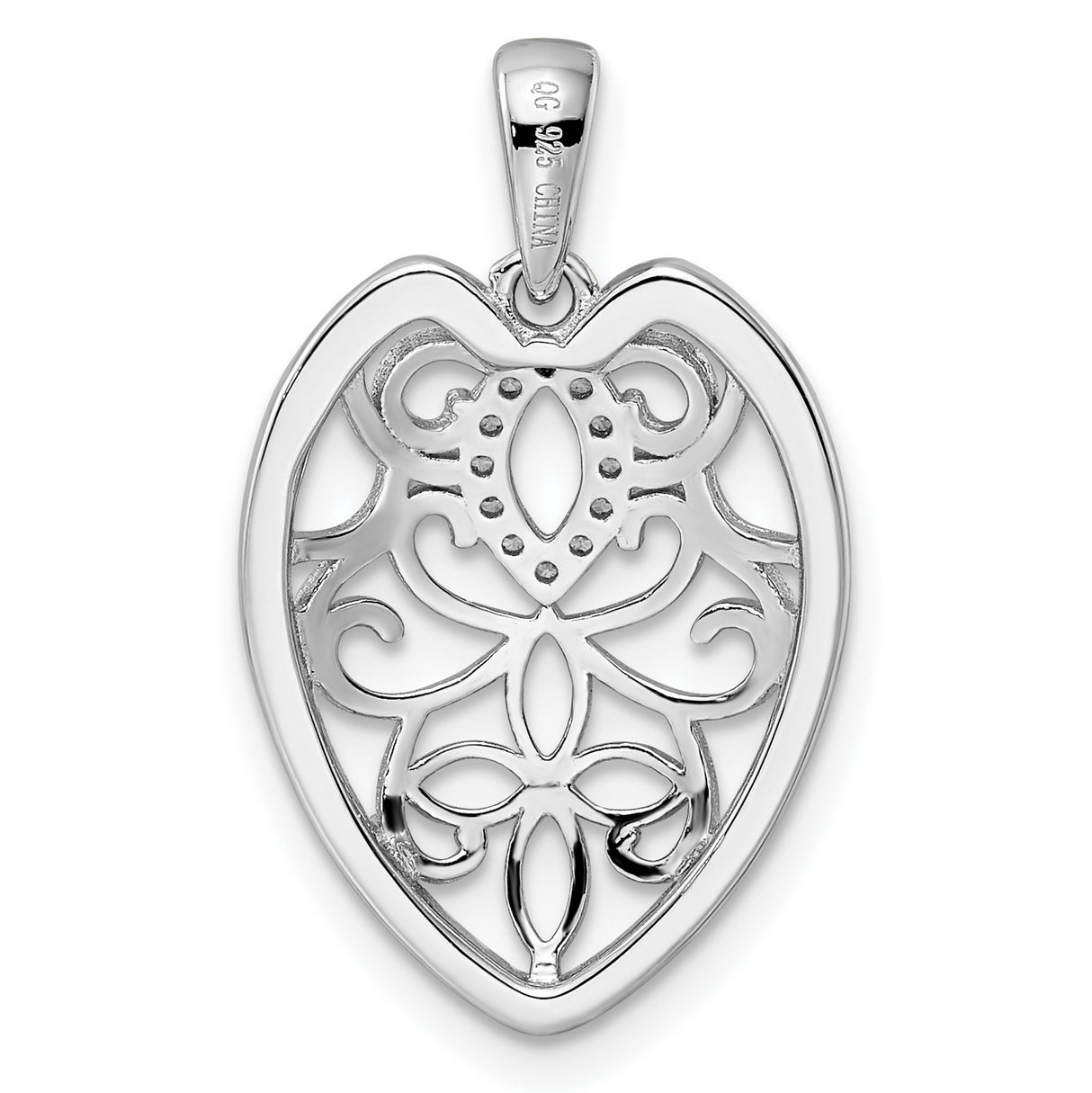 Sterling Silver Heart Pendant with Openwork Filigree, Floral Scroll Design, Cubic Zirconia Accents