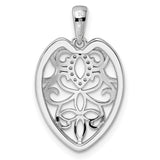 Sterling Silver Heart Pendant with Openwork Filigree, Floral Scroll Design, Cubic Zirconia Accents