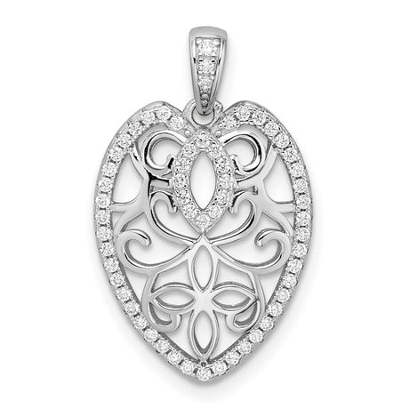 Sterling Silver Heart Pendant with Openwork Filigree, Floral Scroll Design, Cubic Zirconia Accents
