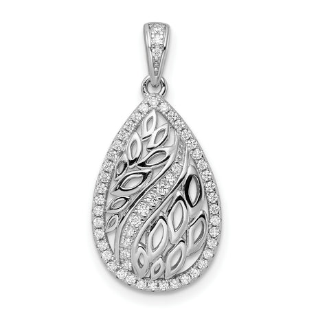 Sterling Silver Teardrop Pendant with Openwork Leaf Design and Cubic Zirconia Accents