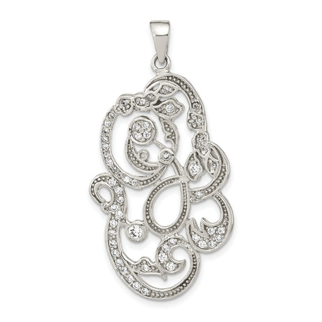 Sterling Silver Pendant with Cubic Zirconia, Floral Filigree Vintage Design for Women