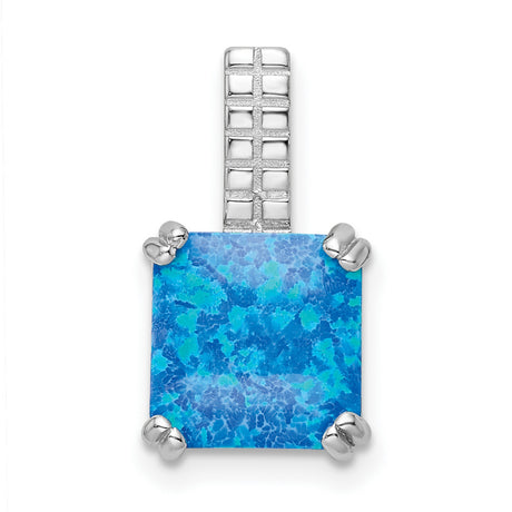 Sterling Silver Pendant with Square Cut Blue Opal, Modern Grid Bail Design