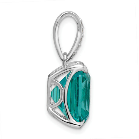 Sterling Silver Pendant with Aqua Blue Square Cut Gemstone and Diamond Accent Bail