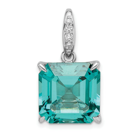 Sterling Silver Pendant with Aqua Blue Square Cut Gemstone and Diamond Accent Bail