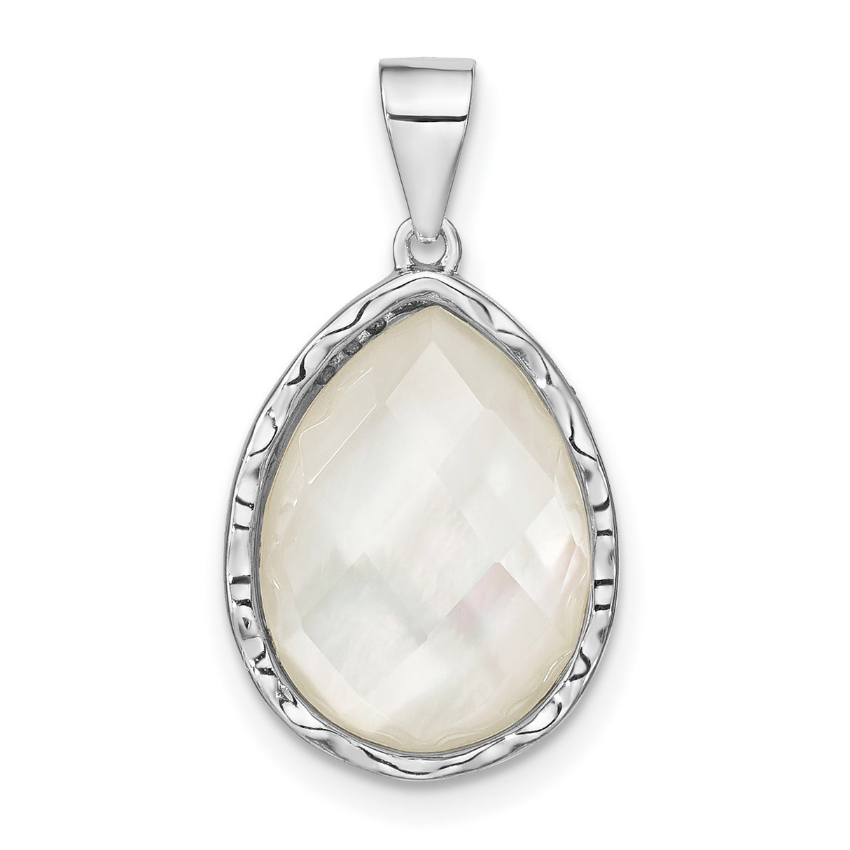 Sterling Silver Teardrop Pendant with Faceted Mother of Pearl, Hammered Artisan Design