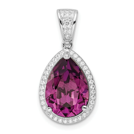 Sterling Silver Teardrop Pendant with Faceted Purple Gemstone and Halo Cubic Zirconia Accents