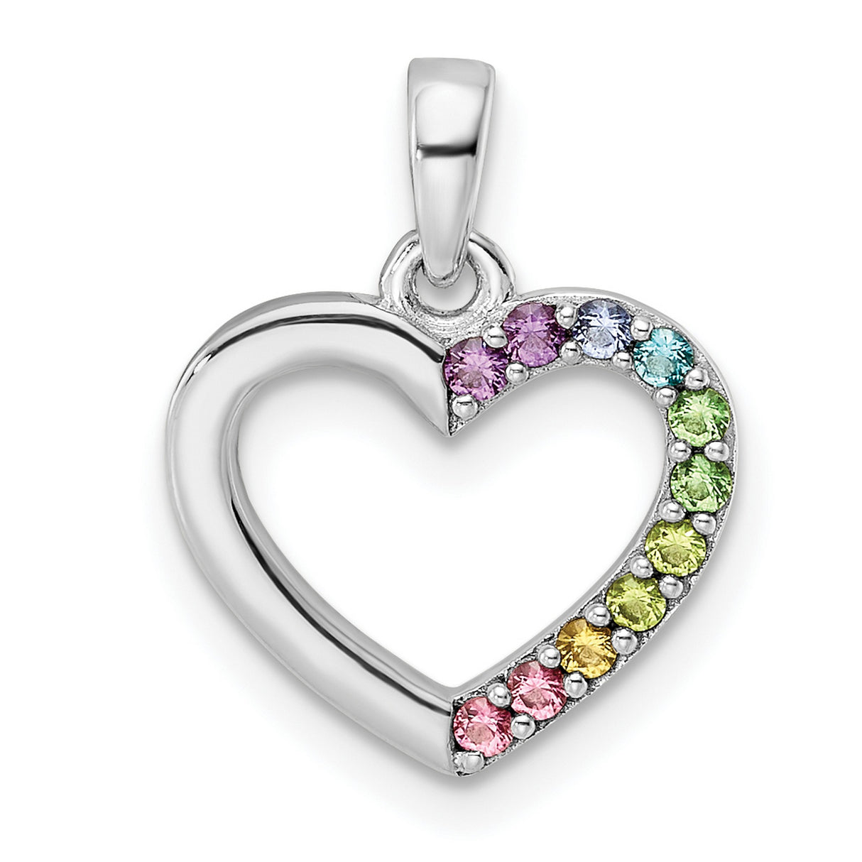 Sterling Silver Heart Pendant with Multicolor Cubic Zirconia, Rainbow Gradient Design