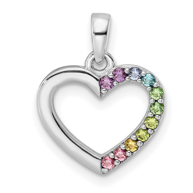 Sterling Silver Heart Pendant with Multicolor Cubic Zirconia, Rainbow Gradient Design