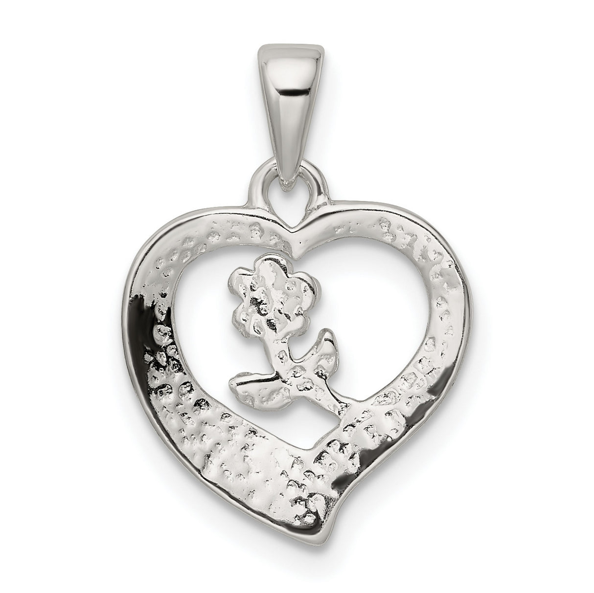 Sterling Silver Heart Pendant with Floral Design and Love Engraving for Women