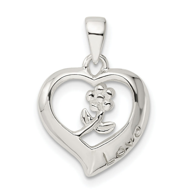 Sterling Silver Heart Pendant with Floral Design and Love Engraving for Women