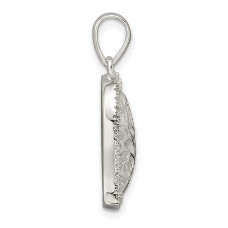 Sterling Silver Heart Pendant with Cubic Zirconia Border and Openwork Rose Design