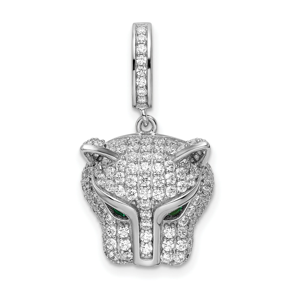 Sterling Silver Panther Head Pendant with Cubic Zirconia and Green Eyes, Jungle Animal Theme