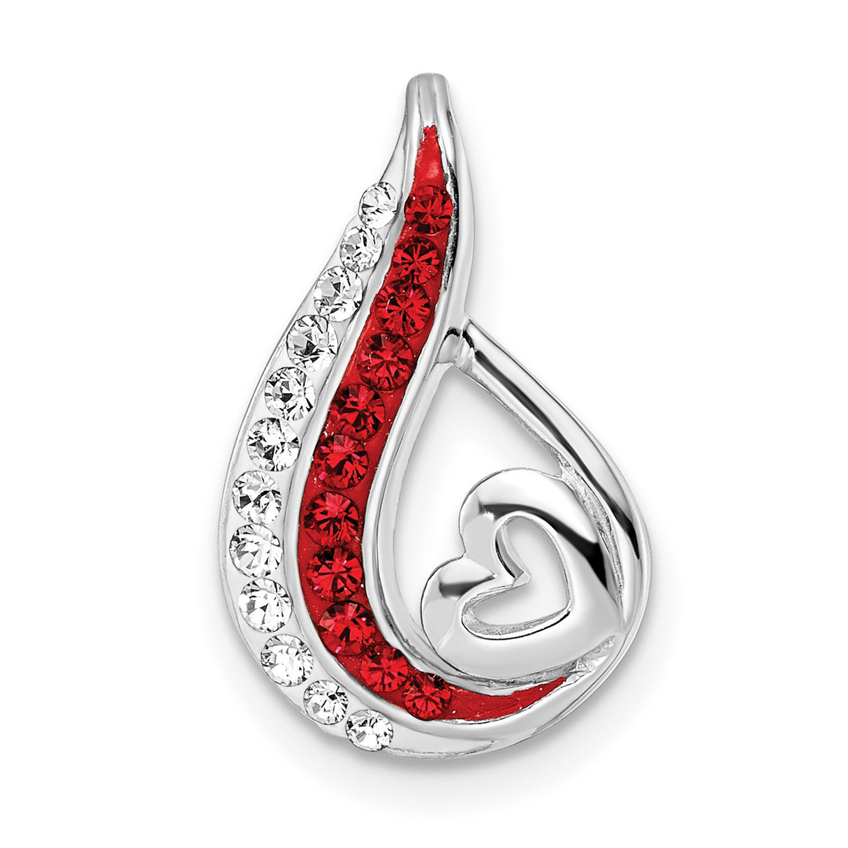 Sterling Silver Heart Pendant with Red and Clear Cubic Zirconia in Teardrop Swirl Design
