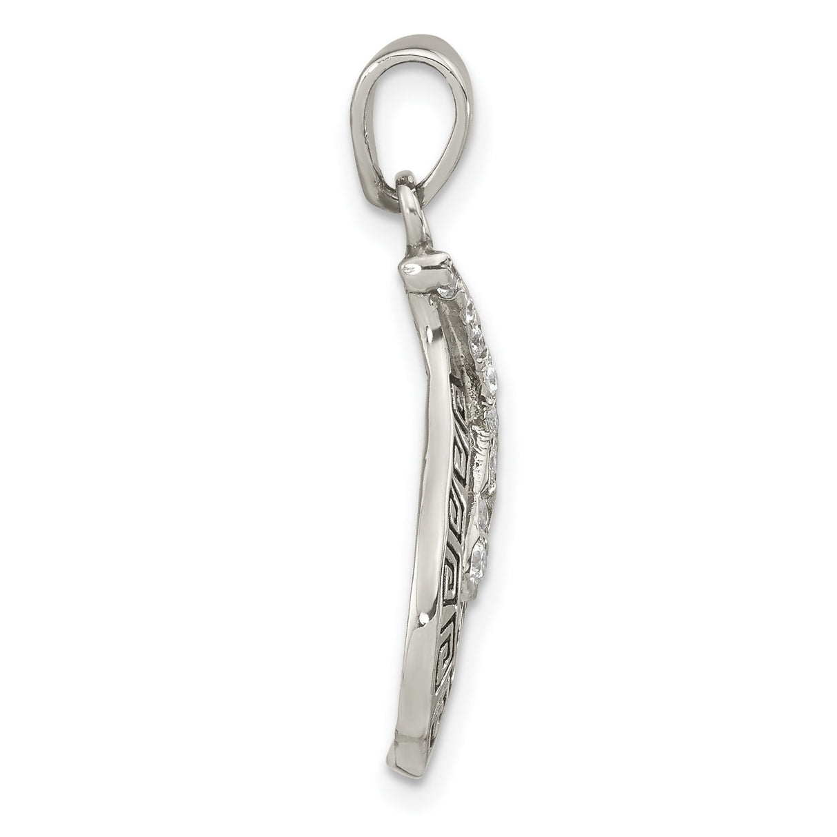 Sterling Silver Pendant with Cubic Zirconia, Abstract Flame Design, Greek Key Motif