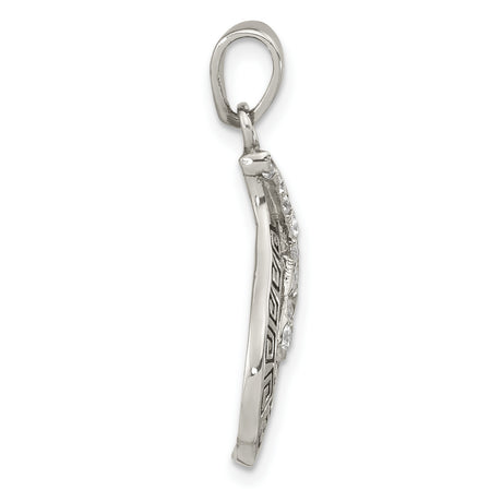 Sterling Silver Pendant with Cubic Zirconia, Abstract Flame Design, Greek Key Motif