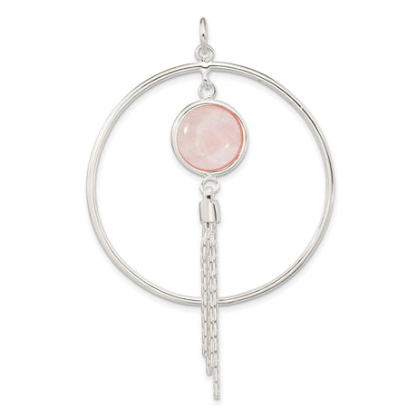 Sterling Silver Dangle Earrings with Soft Pink Gemstone and Cascading Tassels, Boho Hoop Style