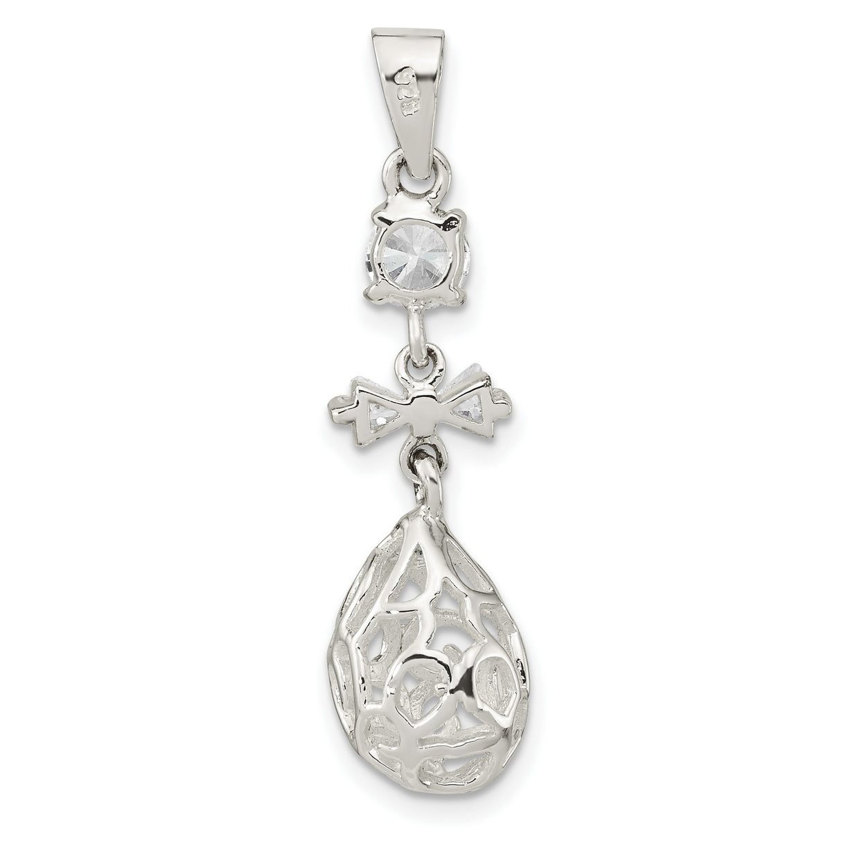 Sterling Silver Egg Pendant with Cubic Zirconia, Filigree Teardrop and Openwork Bow Design