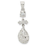 Sterling Silver Egg Pendant with Cubic Zirconia, Filigree Teardrop and Openwork Bow Design