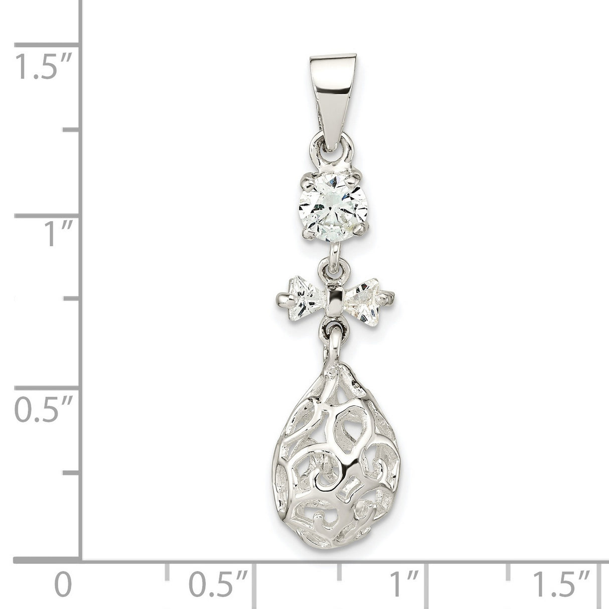 Sterling Silver Egg Pendant with Cubic Zirconia, Filigree Teardrop and Openwork Bow Design