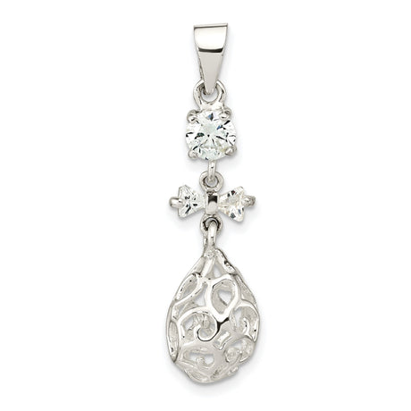 Sterling Silver Egg Pendant with Cubic Zirconia, Filigree Teardrop and Openwork Bow Design