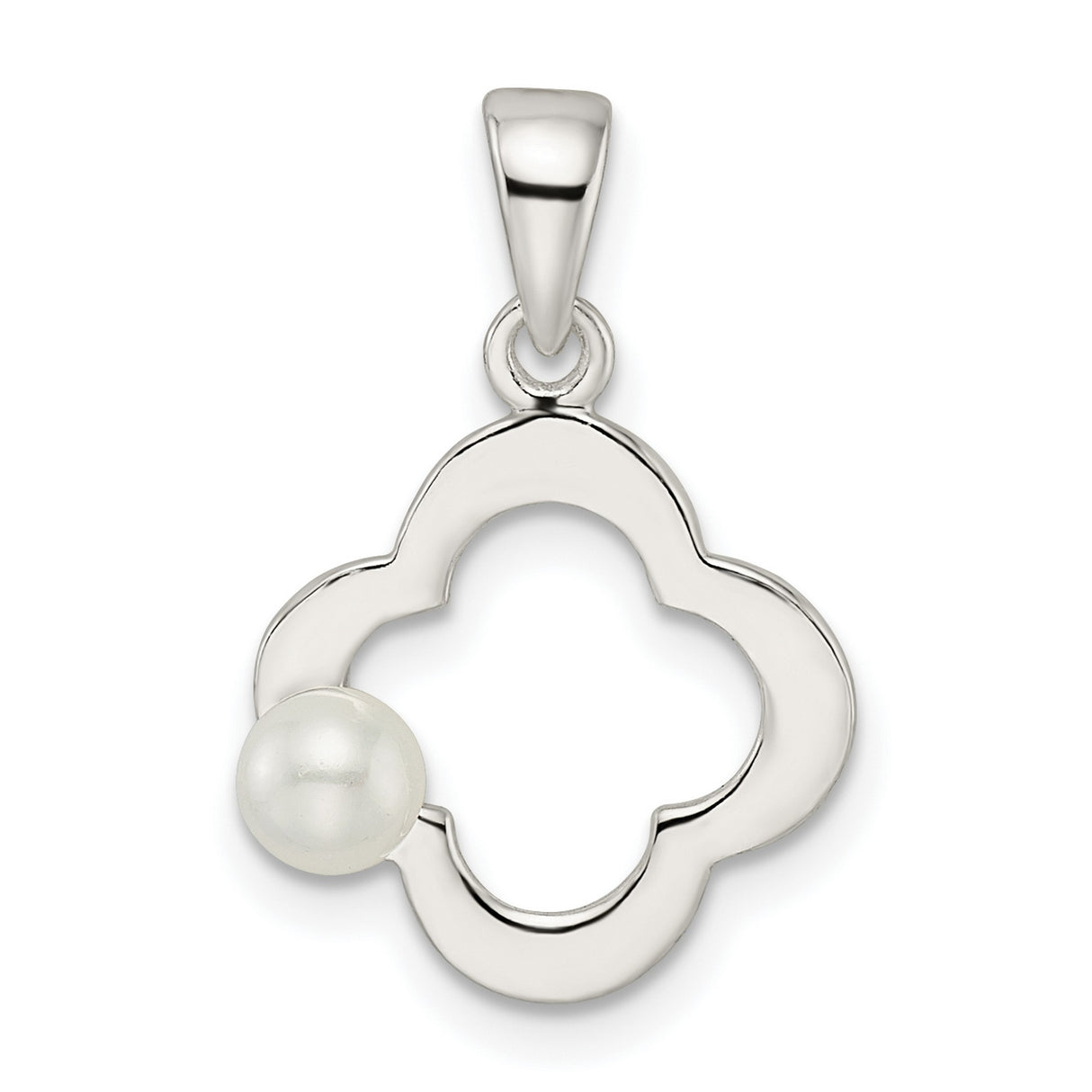 Sterling Silver Pendant with Simulated Pearl, Clover Quatrefoil Design for Harmony and Luck