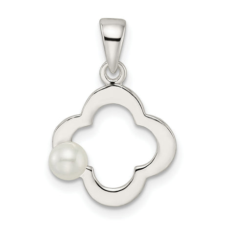 Sterling Silver Pendant with Simulated Pearl, Clover Quatrefoil Design for Harmony and Luck