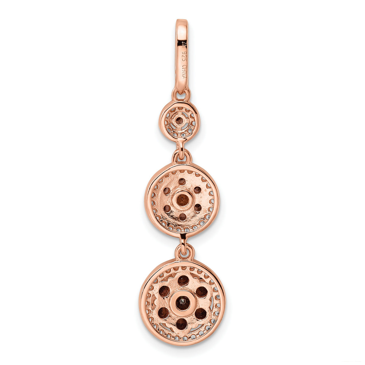 Sterling Silver Drop Earrings with Three Circle Dangles, Brown and White Cubic Zirconia, Vintage Style