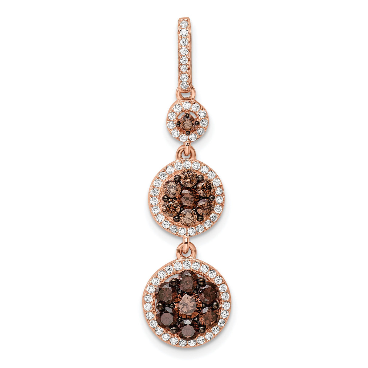 Sterling Silver Drop Earrings with Three Circle Dangles, Brown and White Cubic Zirconia, Vintage Style