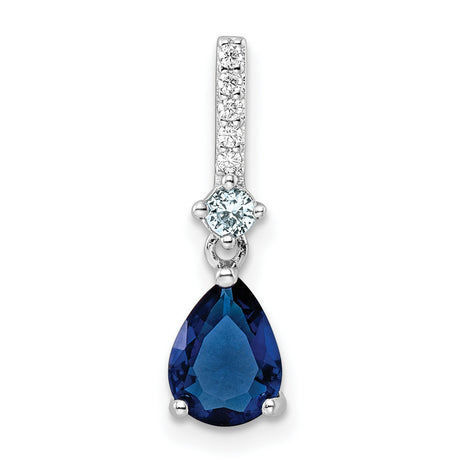 Sterling Silver Drop Pendant with Pear Shaped Blue Glass and Cubic Zirconia Accents