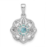 Sterling Silver Pendant with Aqua Gemstone and Cubic Zirconia Halo in Floral Design