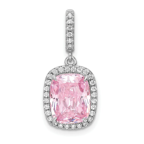 Sterling Silver Pendant with Pink Cushion Cut Cubic Zirconia and Halo Design