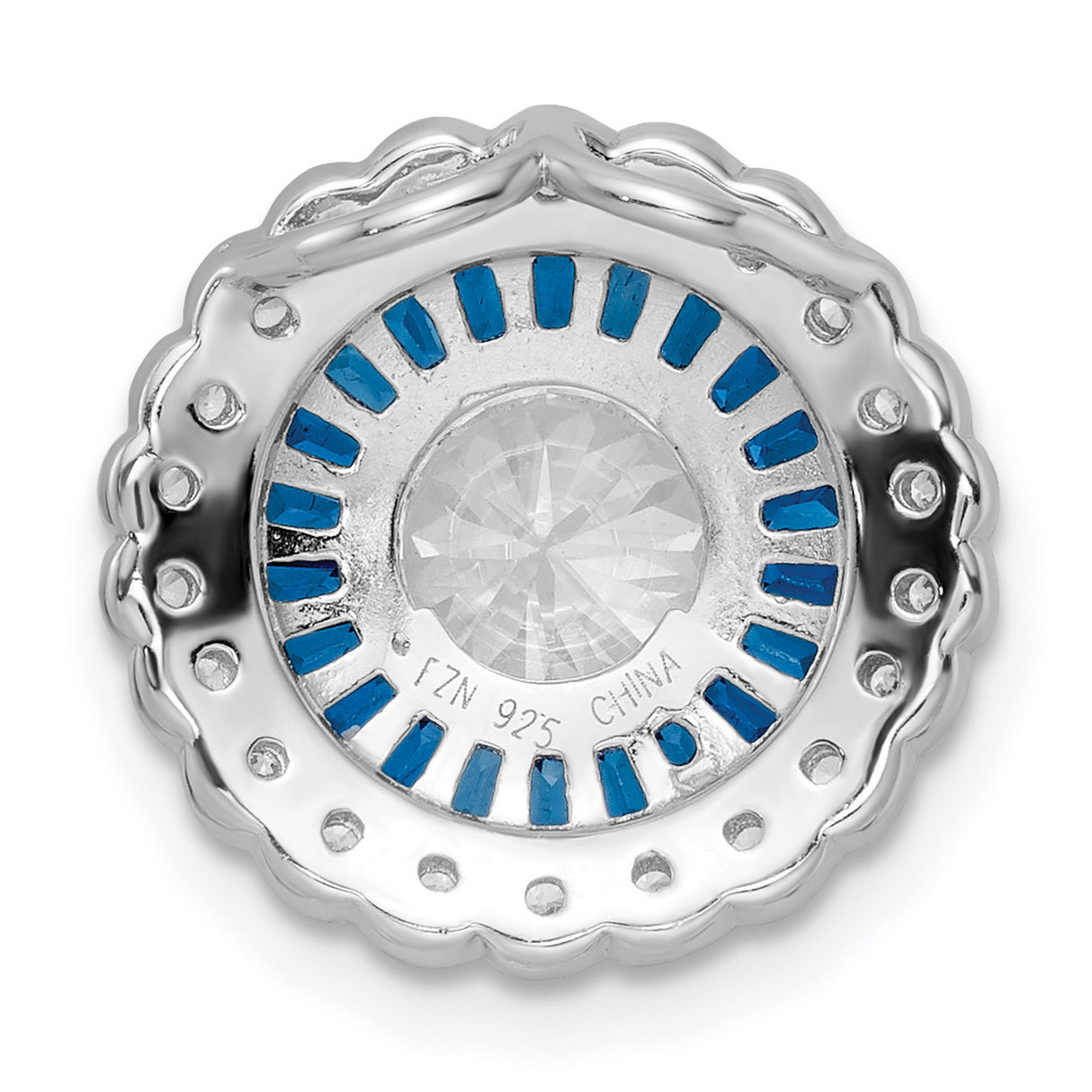 Sterling Silver Halo Pendant with Cubic Zirconia and Blue Baguette Accents