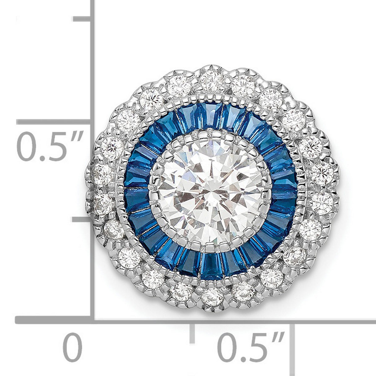 Sterling Silver Halo Pendant with Cubic Zirconia and Blue Baguette Accents