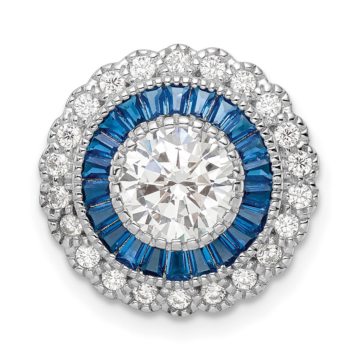 Sterling Silver Halo Pendant with Cubic Zirconia and Blue Baguette Accents