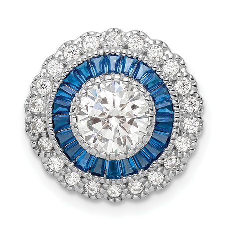 Sterling Silver Halo Pendant with Cubic Zirconia and Blue Baguette Accents