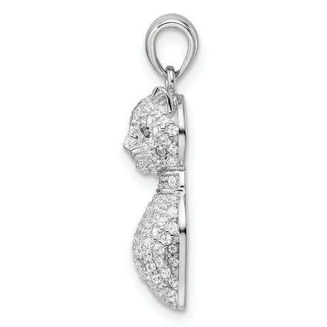Polished Green White CZ Cat Charm Pendant in Real 925 Sterling Silver